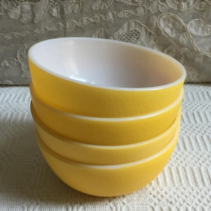 Vintage 4 Bright Yellow Glass Bowls with Citrus Textured Outside of Bowl. White on Inside. Great for Cereal Bowl or Serving.