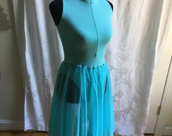 Vestido de ballet hecho a mano para principiantes con un leotardo de baile, sin mangas para adultos mediano/grande, cuello alto con cremallera. Sparkle Circles en falda transparente.