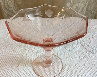 Antique Pink Etched Glass Pedestal Bowl for Serving and Decorating. Eight Sided Bowl at Top.