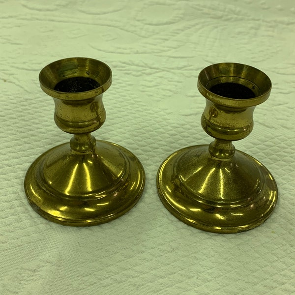 Vintage Pair of Solid Brass Short Candlesticks. Use on the Table for Centerpiece or Under a Hurricane Shade. Vintage Brass Candle Holders.