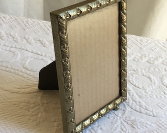 Vintage 1940s Brass Hammered Frame with Ball Feet. Non-Glare Glass. Tabletop Stand or Wall Hook. Embossed Metal Frame.