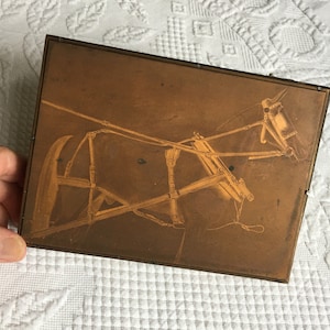 Vintage Pferdedrucker Block. Kupfer auf Holz Bild eines Pferdes im Geschirr Vermutlich von einem Pferd und Buggy. Pferd Kupferdrucker Block.