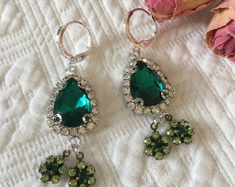 Handmade Pierced Earrings. Teal Blue Green Silver Teardrop Rhinestone Earrings With Floral Dangles. 925 Silver Plated Loop Lever Back. New.