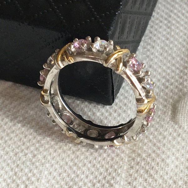 Vintage Sterling Silver Ring. Marked S925. Band with Pink and Colorless Stones Between Gold X Designs. Size 8 Band Style Ring.