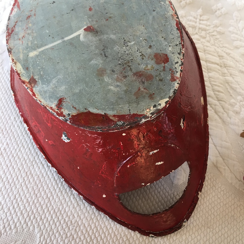 Rustic Construction Vintage Hand Made Oval Tin Container Painted Red Cut Out Handles on Ends Primitive Centerpiece Bowl.