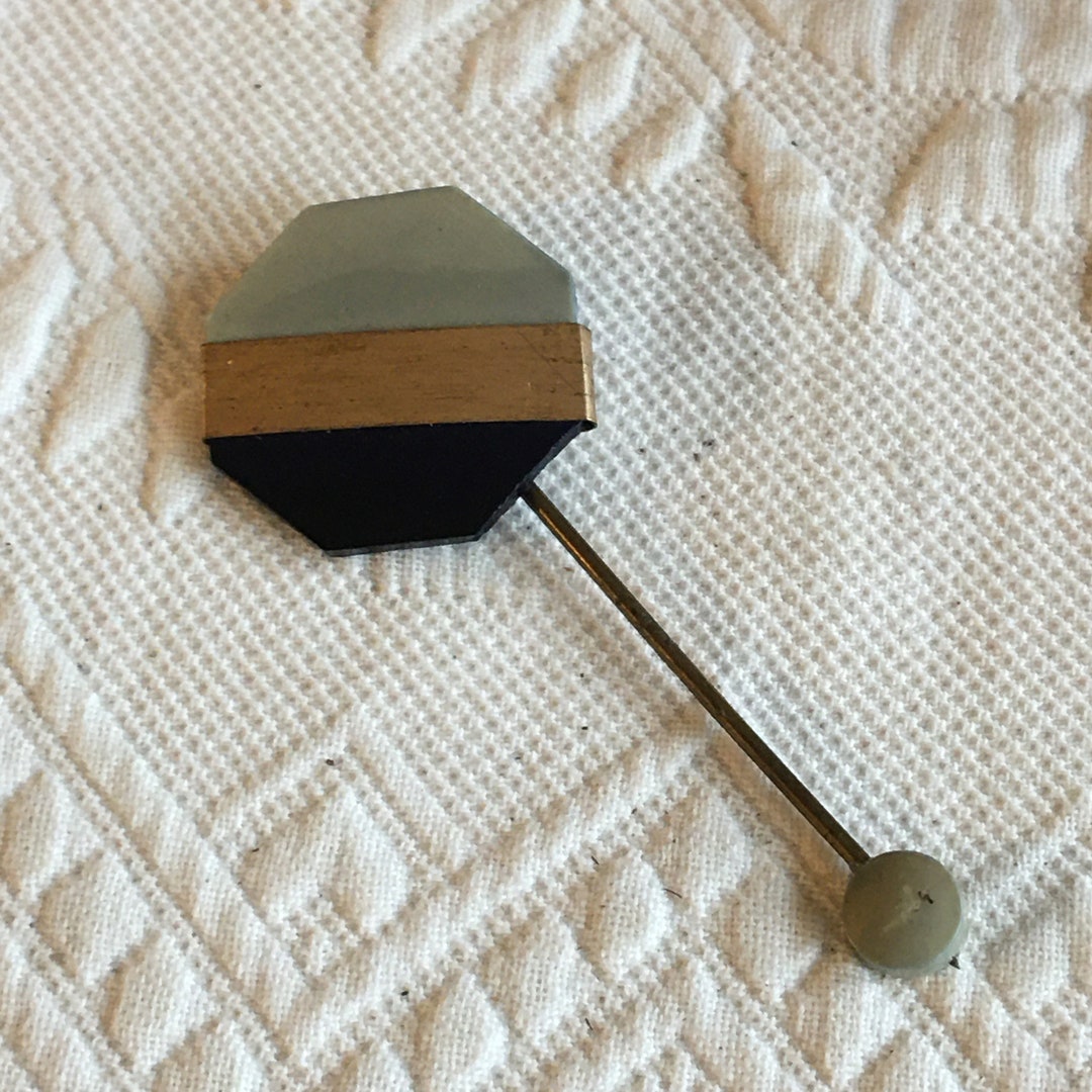 Vintage Art Deco Stick Pin. Gold, Black and Gray Octagon Shape on Stick