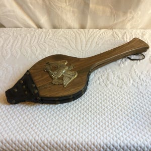 Vintage Wood Bellows, Black Leather with Hammered Hobnails and a Brass Eagle Ornament. Leather Tie to Hang. Charming Display Piece.