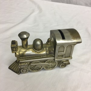 Vintage Train Engine in Silver Plate. Twisting Coin Access Cover on Bottom. Charming Child&#39;s Bank.