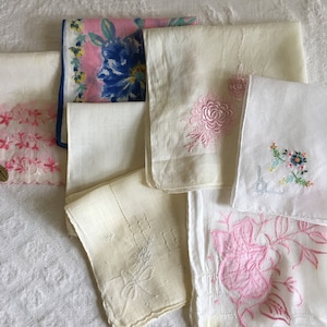 Vintage 7 Handkerchiefs Cotton, Linen Crocheted, Silk and Sheer Embroidered, Shadow Applique, Pulled Thread Wedding and Overall Floral.