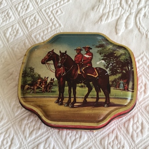 Vintage Horner Toffee Tin with Mounty on Horseback and Dogs. Rum and Butter Toffee Tin. Candy Tin with Canadian Image on Top.