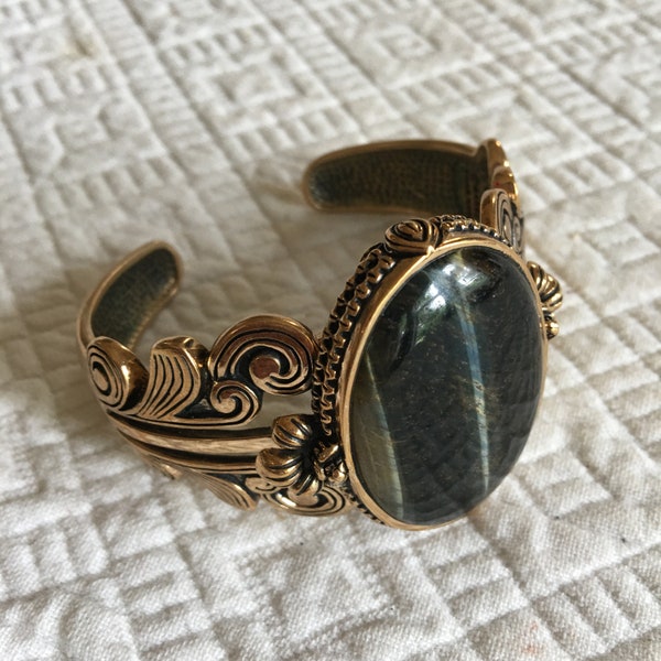 Vintage Barse Cuff Bracelet Ornate Brass with Real Interesting Oval Stone. Gold Tone with Swirling Designs. Very Beautiful!