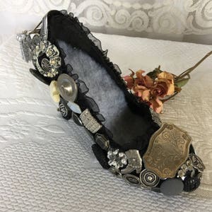 Handmade Button Shoe, Jewelry High Heel. Dresser Accent to Hold Favorites.  Fleecy Grey Cushion Insert. Black & White High Heel Button Shoe.
