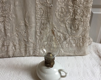 Antique Milk Glass Oil Lamp Exclusive Renaldy's, Japan. Side Handle to Carry. Top Tapered Hurricane. Beautiful Simple Style.