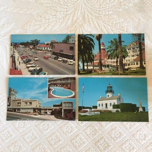 Cartão postal vintage da Califórnia dos anos 1950. Escolha Hotel Del Coronado, Girard Ave, LaJolla, Town House Lodge e Old Spanish Lighthouse, San Diego.