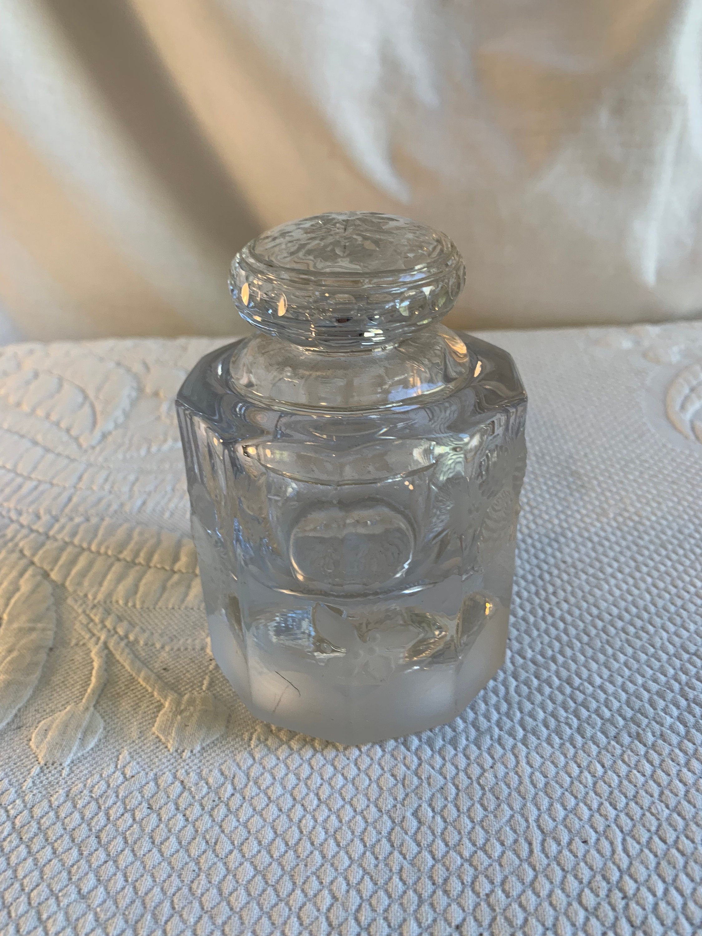 Vintage Thick Glass Dresser Jar. Embossed Designs on 10 Sided Container with Stopper Type Lid. Use for Bath Oil Beads, Etc.