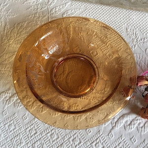 Vintage Amber Etched Glass Bowl in Art Nouveau Style. Beautiful Elegant Designs Etched Into the Amber Glass.