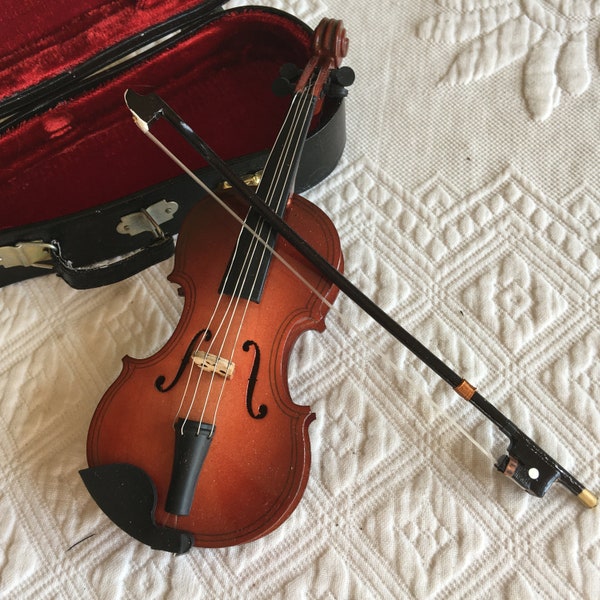 Vintage Miniature Violin and Bow in Red Velvet Lined Case. Authentic Miniature Musical Instrument. Realistic Looks Like It Could be Played.