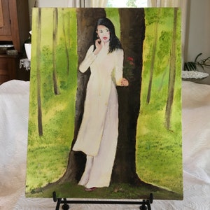 Vintage Oil Painting of Lady in White by Tree. Painted in 1996 on a Stretched Canvas.