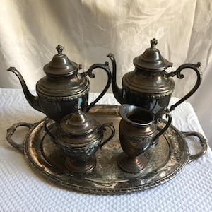 Antique Heraldic by 1847 Rogers Bros.3 Pc. Service. Coffee or Chocolate Pot Hammered, Waste Bowl w/ Handle for Sugar and Cream Pitcher.