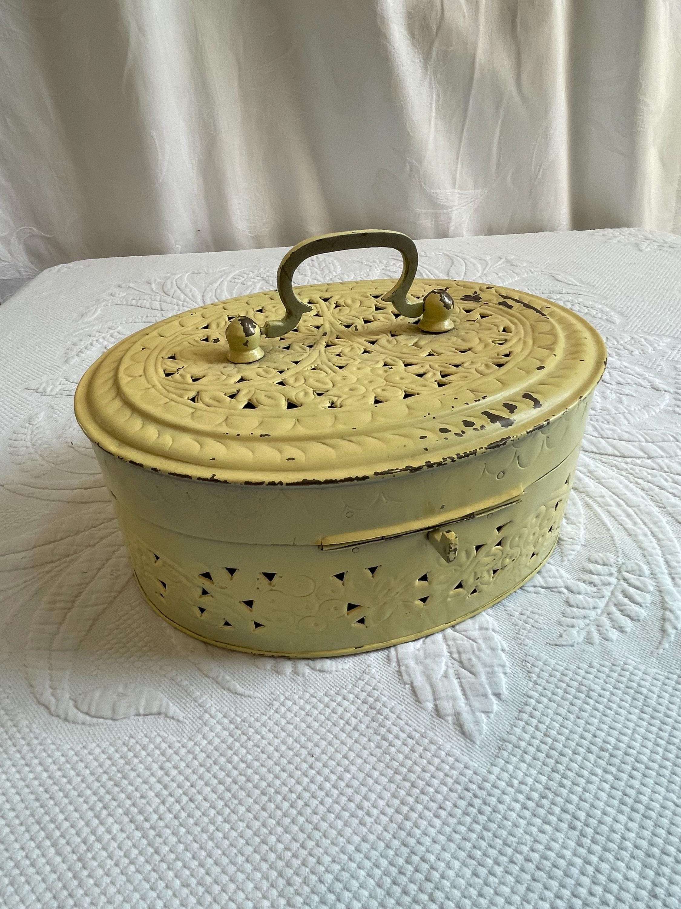 Vintage Brass Painted Oval Cricket Box. Large Floral and Leaf