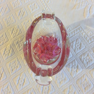 Vintage Ashtray/Paperweight. The Coolest Desk Accent with Two Purposes. Hand Blown Ashtray Paperweight. Beautiful Pink Flowers and Bubbles.