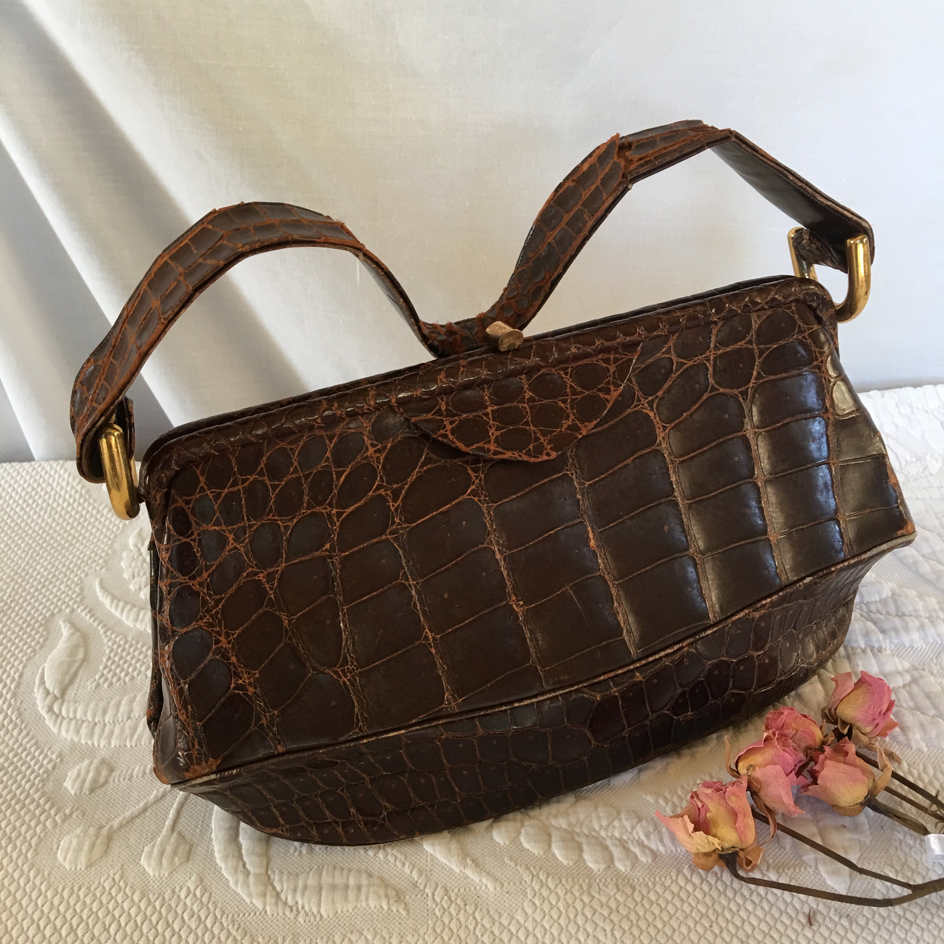 LUCILLE DE PARIS brown crocodile skin handbag double handle – Vintage Carwen