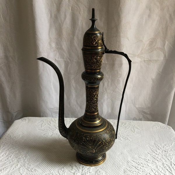 Antique Brass Surahi Etched Ewer Teapot Pitcher Hinged Lid 21" Tall, Peacock Designs, Gold and Black. Matching Pair Sold Individually.