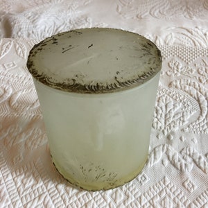 Victorian Frosted Glass Dresser Jar. Great for Cotton Balls, Bath Salts. Well Used Worn Glass Jar. #35 Inside Lid. Victorian Arts & Crafts.