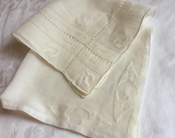 Vintage 2 Shadow Applique Linen Handkerchiefs One with Pulled Threads. Great Hankies for the Wedding Bride or for Grandma.