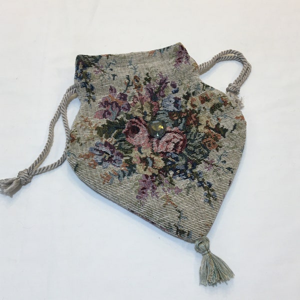 Handmade Tapestry Reticule Purse. Choose Your Ornament and Lining. Pink Satin or Light Blue Silk Lining, Faceted Heart or Silver Metal Orna.