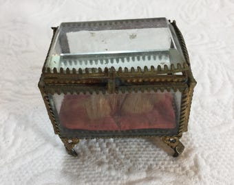 Antique 19th Century Brass & Glass Vitrine Jewelry Box with Silk Cushion Lining Inside. Beveled Glass Top Casket Box. France.