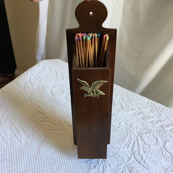 Vintage Wall Match Holder Fireplace Matches. Wooden Box to Hang on the Wall. Gold Eagle Motif on Front. Hole to Hang on Back.