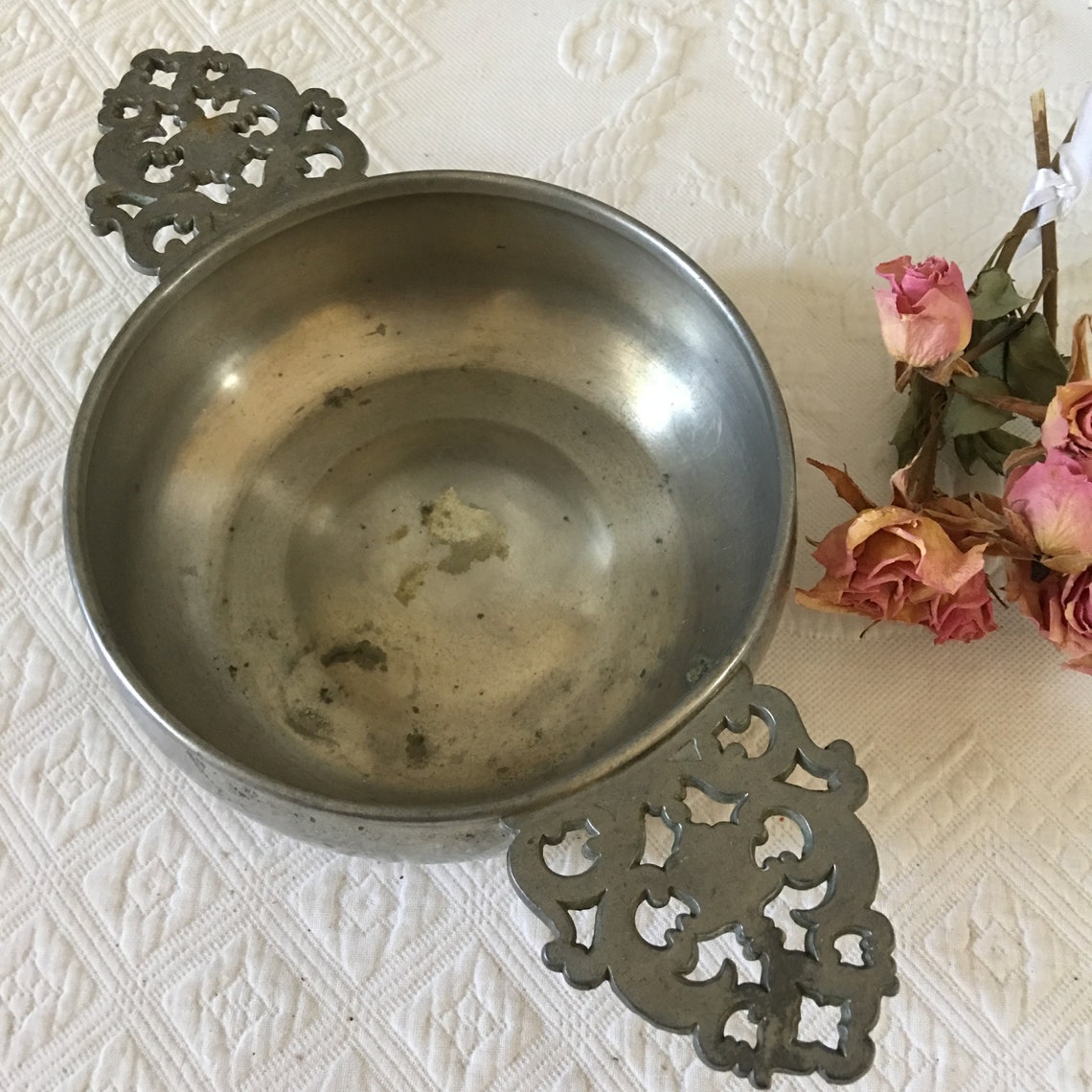 Vintage Large Pewter Porringer Bowl With Double Handles. No Etsy UK