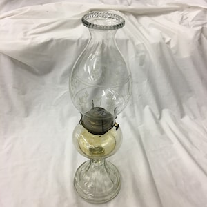 Vintage Clear Glass Oil Lamp with Etched Hurricane Shade. Decorative Hobnail Designs on Top, Pedestal Fluted Base. Eagle Brass Neck.