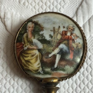 Vintage French Lamp Finial. French Colonial Porcelain Romantic Musical Pictures with Fancy Openwork Metal Edge. Screw On Above Shade.