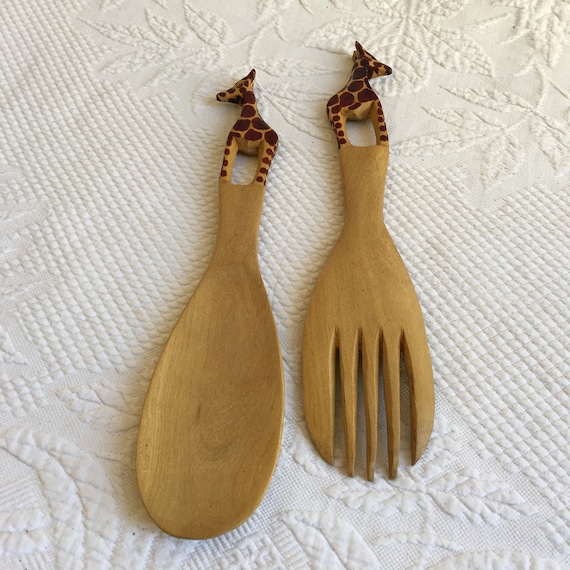 Vintage Giraffe Hand Carved Spoon and Fork. Meant for Display