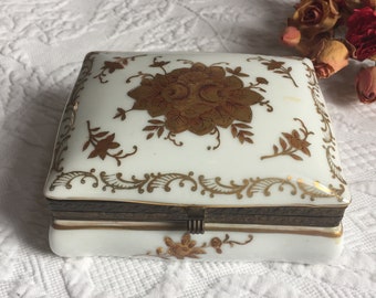 Vintage Andrea Porcelain Hand Painted Dresser Box. Japan. Gold Roses and Swirling Designs Hand Painted on Hinged Box. Interior Designs.