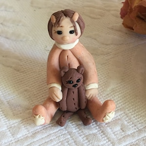 Vintage Miniature Femo Doll and Teddy Bear. Great for the Doll House. Handmade Mini Doll and Bear.