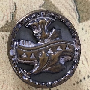 Antique 3 Buttons. Aged Silver Molded Metal Buttons. Silver Molded Urn Ribbon and Stem of Leaves. Dimensional Metal Buttons.