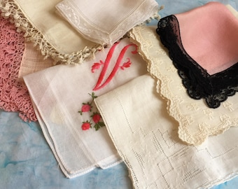 Vintage 7 Pink and White Linen and Silk Hankies. Pink Chiffon w/ Black Lace, Embroidery, Pulled Thread, Crocheted Edge and V Monogram.