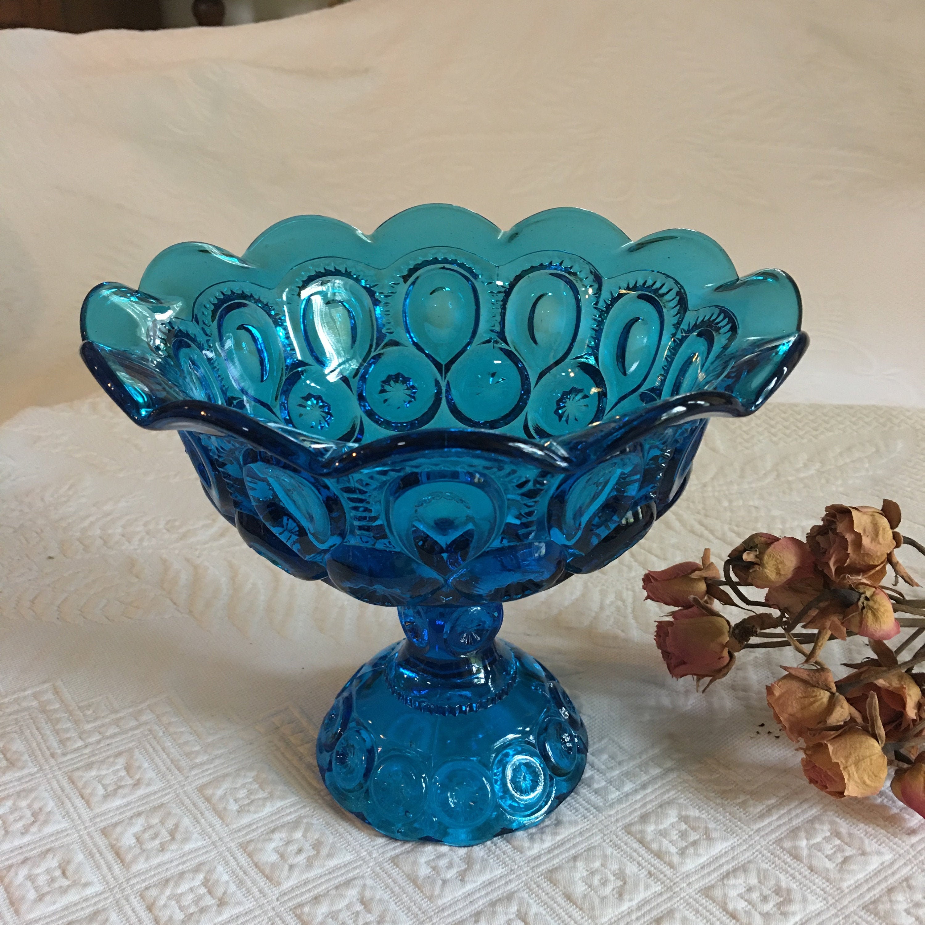 Vintage Blue Glass Bowl. Pedestal Footed Bowl With Scalloped Etsy