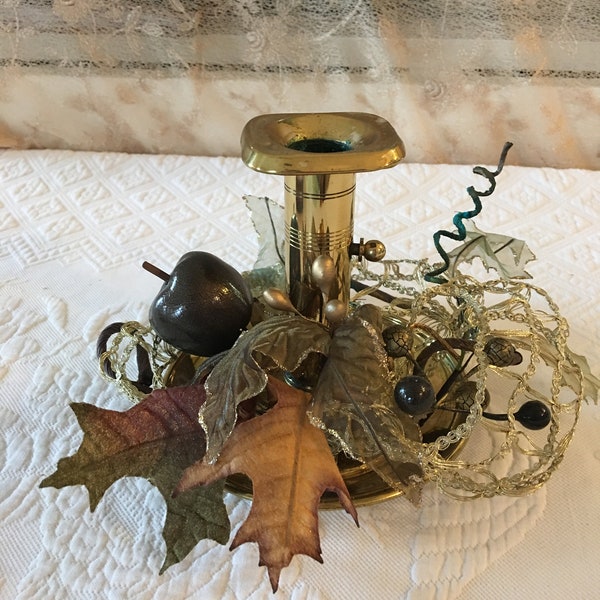 Vintage Solid Brass Height Adjusting Candlestick. Green and Gold Ribbon and Sheer Leaf Decoration On Brass Adjusting Candle Holder.