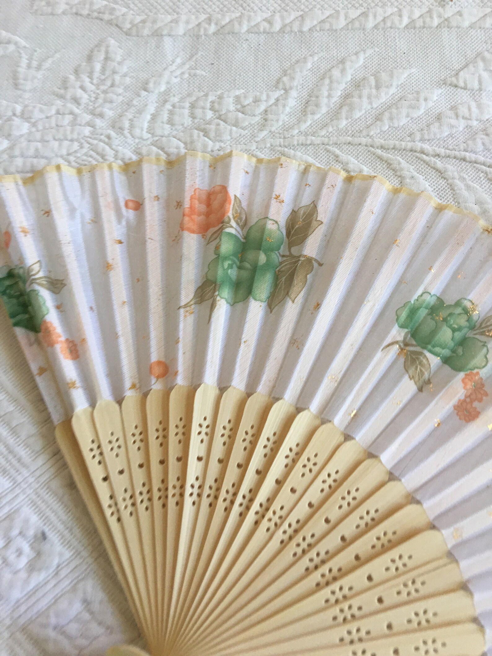 Silk and Wood Hand Fan. Openwork Design on Wood With Floral Designs and ...