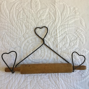 Vintage Rolling Pin W/ Wall Hanger. Size Wooden Rolling Pin. Cast Iron Twisted Wire Hanger for Wall Display. Wonderful Country Decorating.