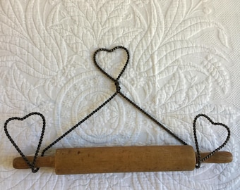 Vintage Rolling Pin W/ Wall Hanger. Size Wooden Rolling Pin. Cast Iron Twisted Wire Hanger for Wall Display. Wonderful Country Decorating.