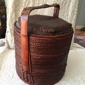 Vintage Three Tier Stacking Basket or Wedding Basket. Dark Woven Wrapped Wicker Rattan. Decorative Basket. Bamboo Side and Top Handle.