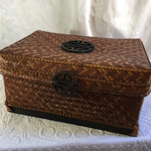 Vintage Large Basket with Black Wooden Chinese Designs on Three Sides Plus Frame on Base. Use for Decorative Storage.