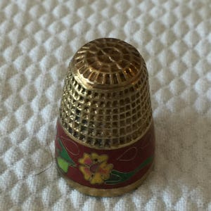 Vintage Collector Brass with Cloisonne Thimble with Blue Enamel Inside. Flower Designs in Cloisonne.