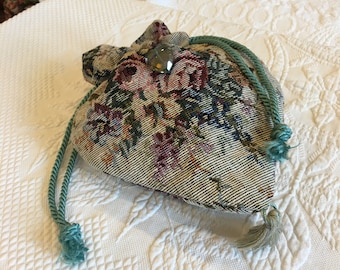 Handmade Tapestry Reticule Purse. Light Gray Silk Lining, Faceted Heart or Metal Ornament. Gray, Pink, Red, Teal and Blue. Fits Cell Phone.