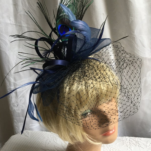 Fascinator Hat, Blue Headband, Horsehair Large Bow, Silk Fabric Stiffened Curls and Feathers. Peacock Feather w/ Eye and Black Face Netting.